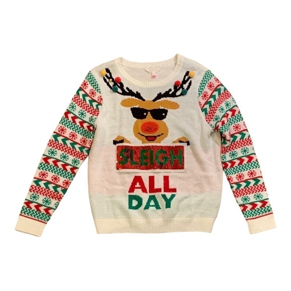 No Boundaries White Sequined Reindeer Christmas Graphic Sweater XXL SALE - Picture 1 of 13